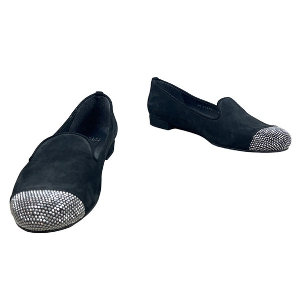 Stuart Weitzman Women's Black Suede Rhinestone Cap Toe Flat Shoes Sz 8M