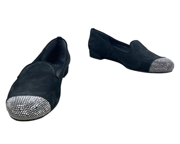 Stuart Weitzman Women's Black Suede Rhinestone Cap Toe Flat Shoes Sz 8M