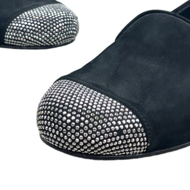 Stuart Weitzman Women's Black Suede Rhinestone Cap Toe Flat Shoes Sz 8M