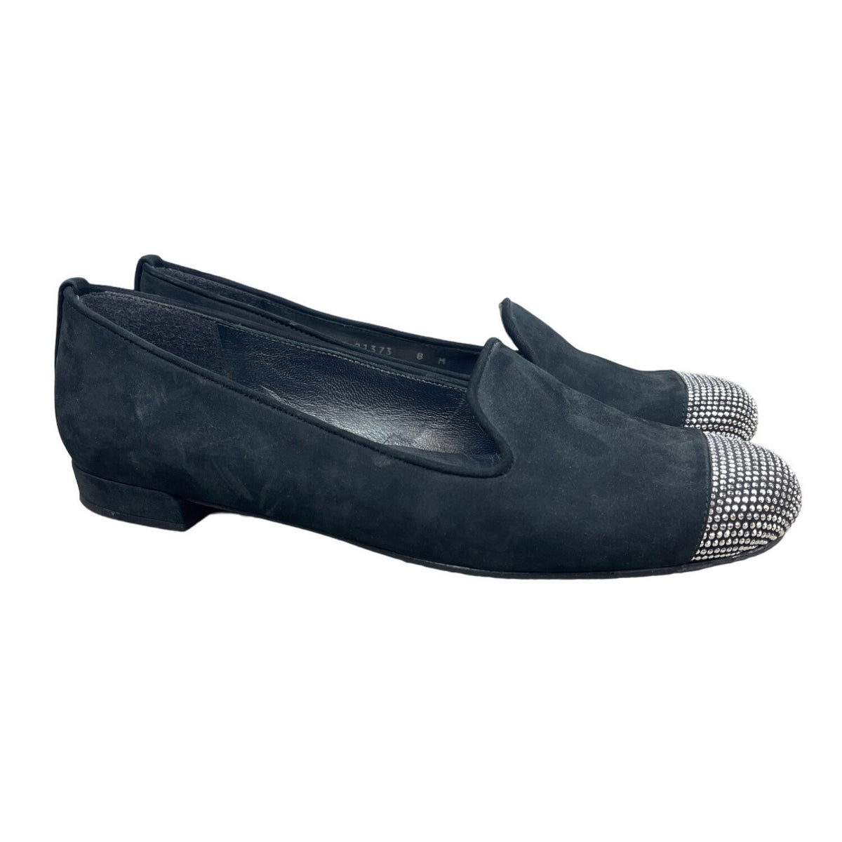 Stuart Weitzman Women's Black Suede Rhinestone Cap Toe Flat Shoes Sz 8M