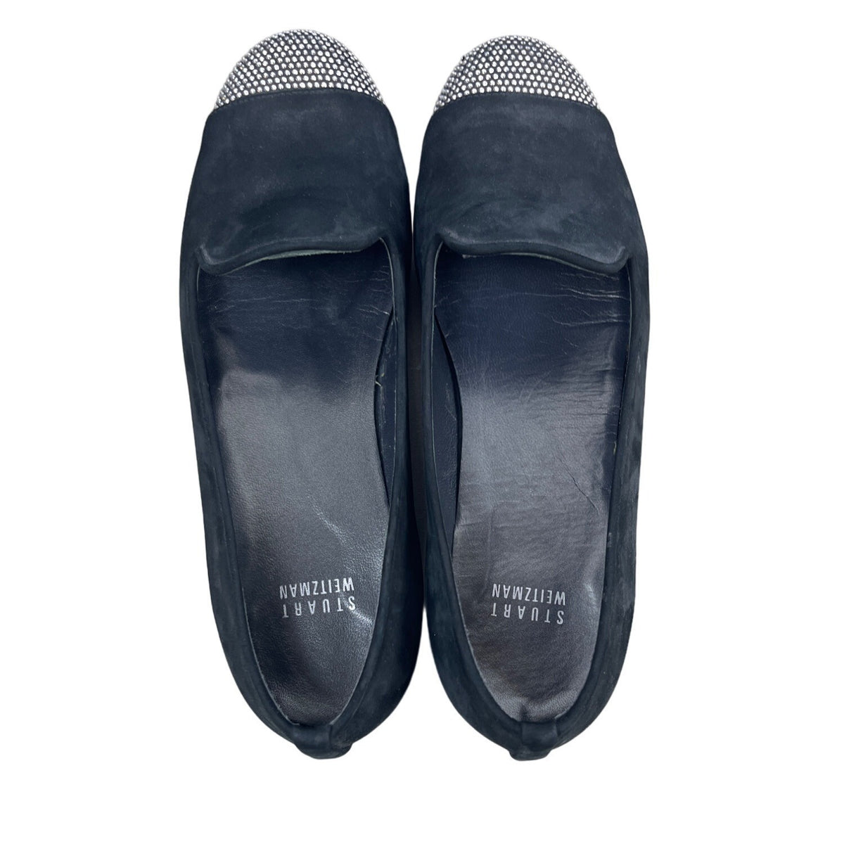Stuart Weitzman Women's Black Suede Rhinestone Cap Toe Flat Shoes Sz 8M