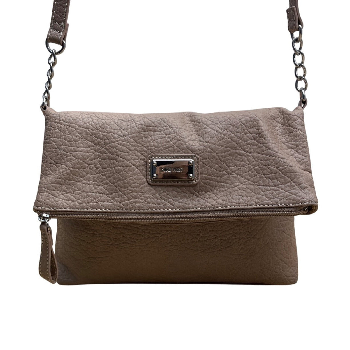 Nine West Taupe Faux Leather Fold-Over Flap Crossbody Bag Sz M