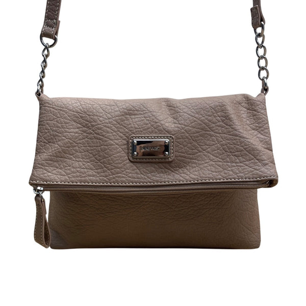 Nine West Taupe Faux Leather Fold-Over Flap Crossbody Bag Sz M