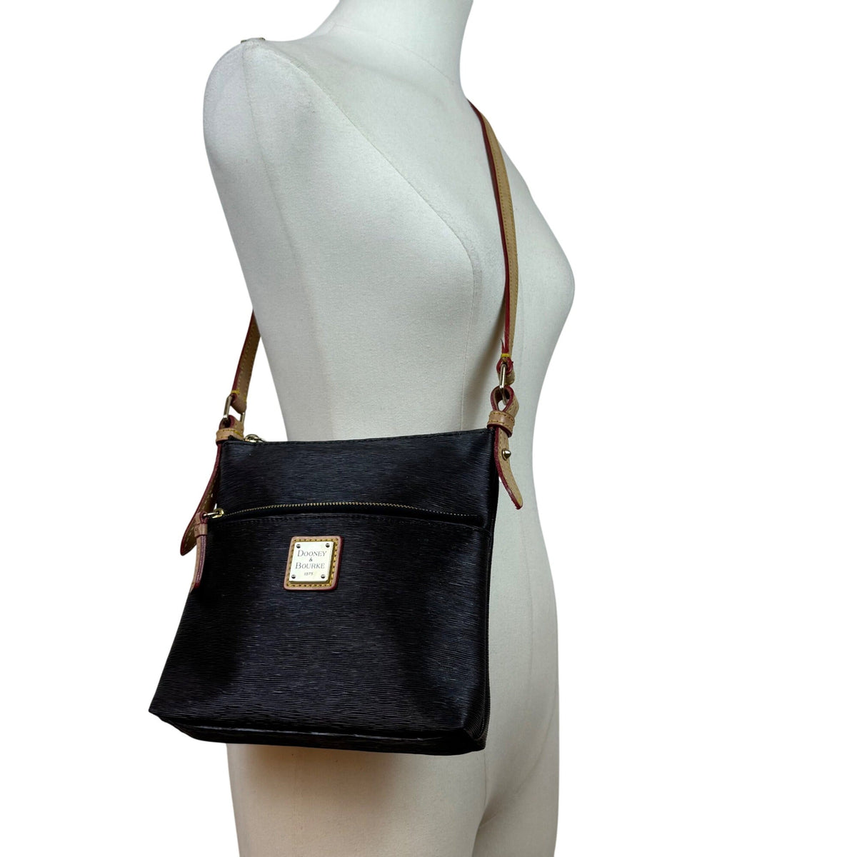 Dooney & Bourke Black Leather  Adjustable Strap & Front Zipper Crossbody Bag