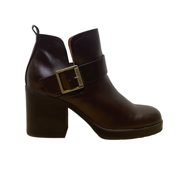 Korks Kari Women’s Brown Leather Buckle Block Heel Ankle Boots Size 8.5M