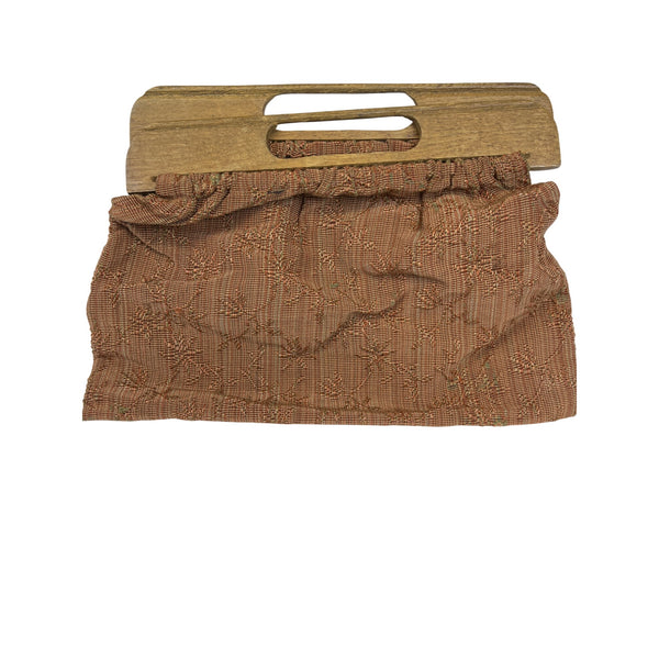 Vintage Wooden Handle Embroidered Brown Fabric Clutch Bag Rectangular Shape Floral Design