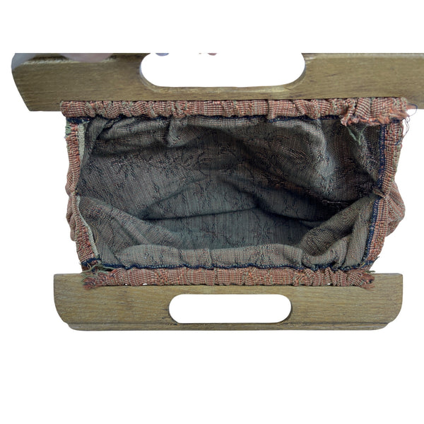 Vintage Wooden Handle Embroidered Brown Fabric Clutch Bag Rectangular Shape Floral Design