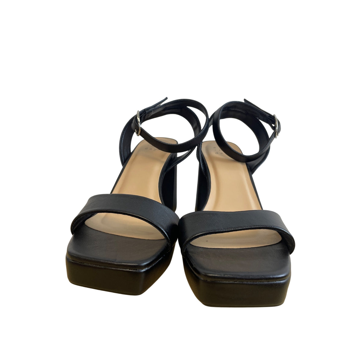 A New Day Black Faux Leather Ankle Strap Platform Heels Square Toe Block Size 8