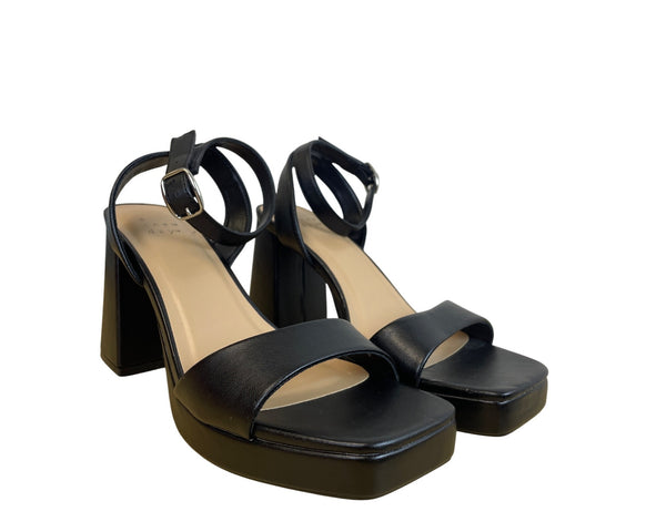 A New Day Black Faux Leather Ankle Strap Platform Heels Square Toe Block Size 8