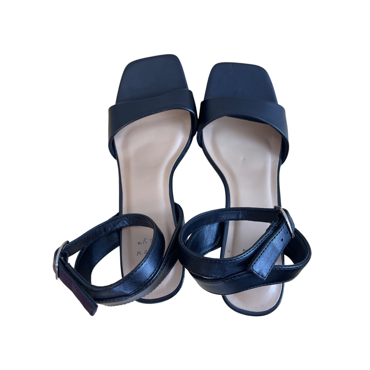 A New Day Black Faux Leather Ankle Strap Platform Heels Square Toe Block Size 8