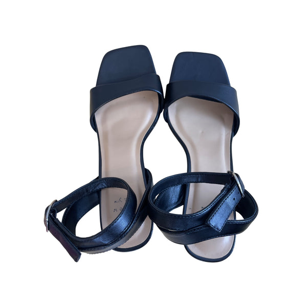 A New Day Black Faux Leather Ankle Strap Platform Heels Square Toe Block Size 8