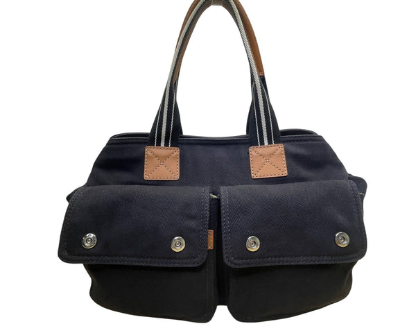 Pottery Barn Kids Black Canvas With Snap Pockets & Leather Accents Diaper Bag