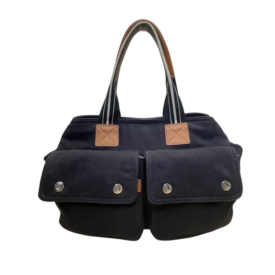 Pottery Barn Kids Black Canvas With Snap Pockets & Leather Accents Diaper Bag