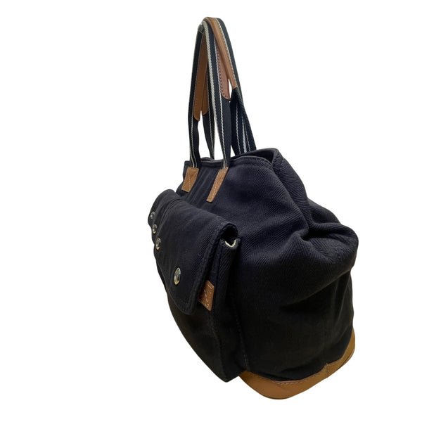 Pottery Barn Kids Black Canvas With Snap Pockets & Leather Accents Diaper Bag