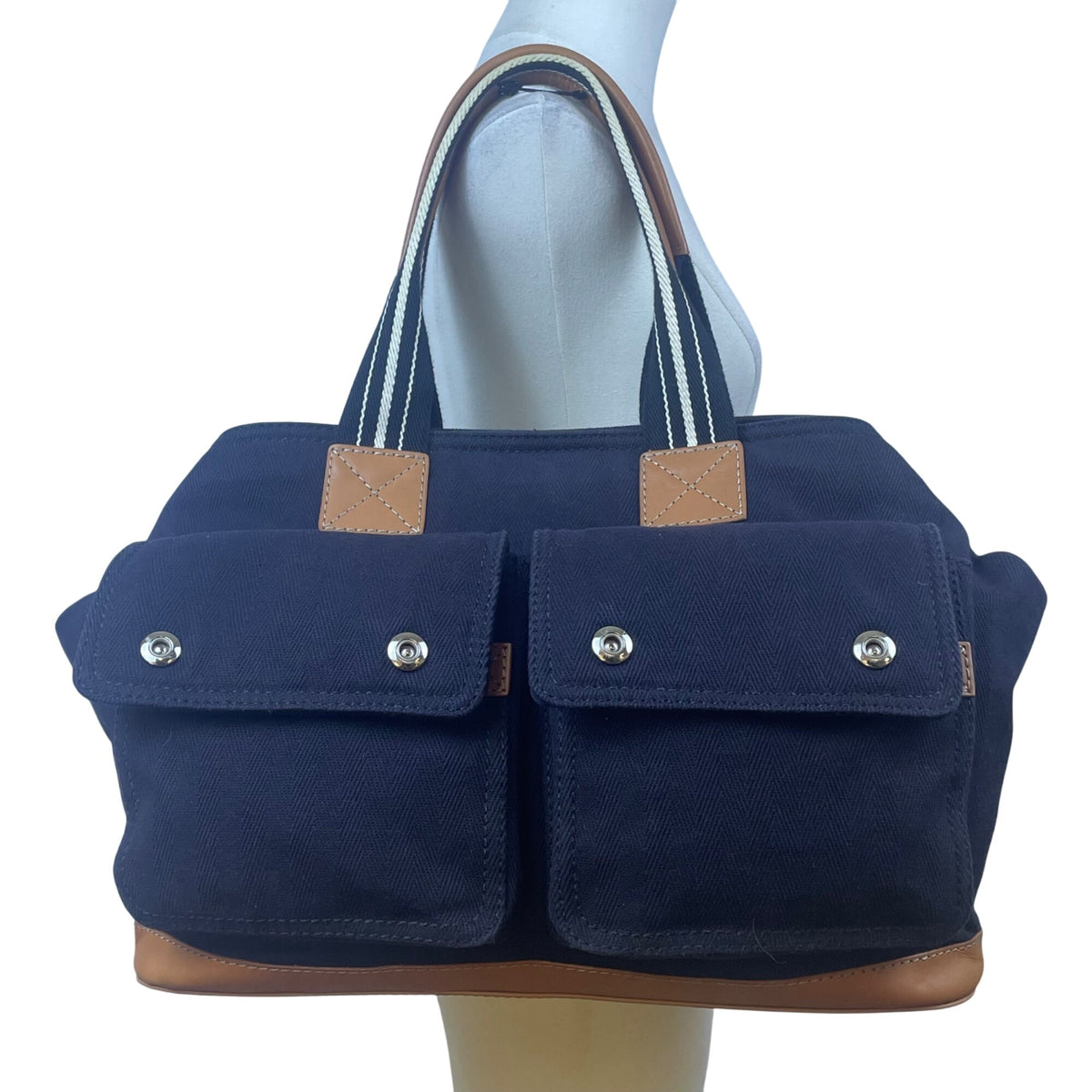 Pottery Barn Kids Black Canvas With Snap Pockets & Leather Accents Diaper Bag