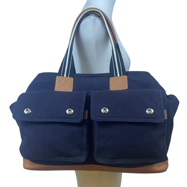 Pottery Barn Kids Black Canvas With Snap Pockets & Leather Accents Diaper Bag