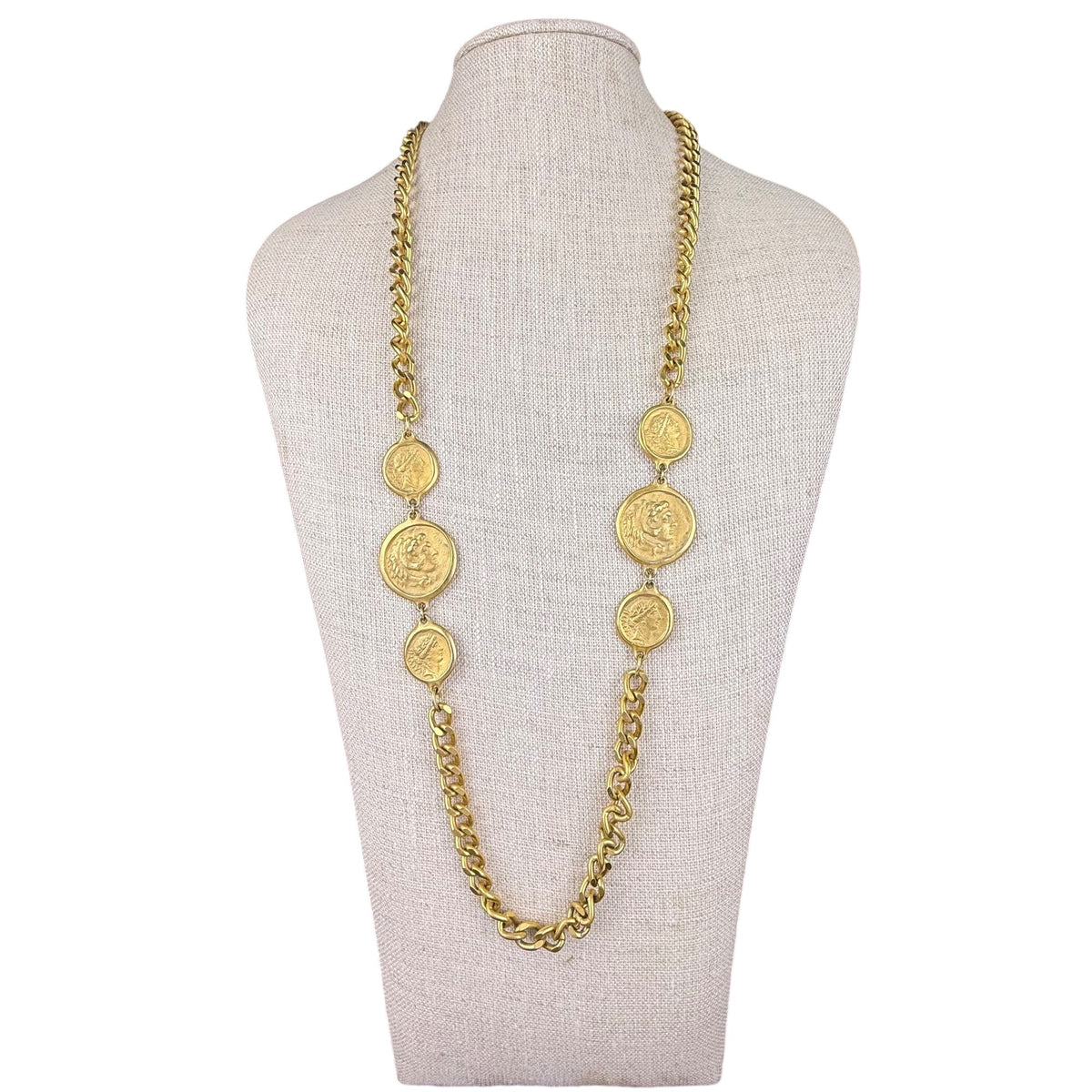 Coin Motif Gold Tone Chain Necklace With Toggle Clasp Vintage Jewelry