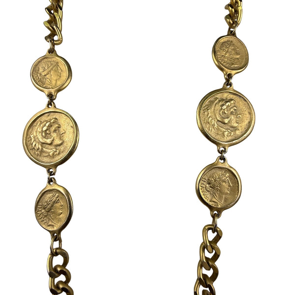 Coin Motif Gold Tone Chain Necklace With Toggle Clasp Vintage Jewelry