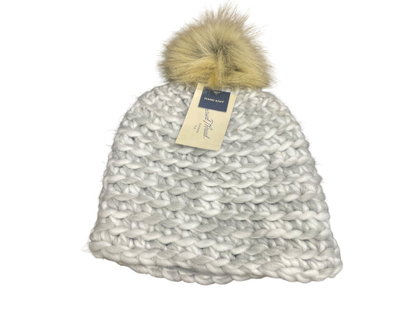 Hand-Knit Womens Winter Beanie With Faux Fur Pom Cream Heather Chunky Warm Soft