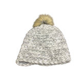 Hand-Knit Womens Winter Beanie With Faux Fur Pom Cream Heather Chunky Warm Soft
