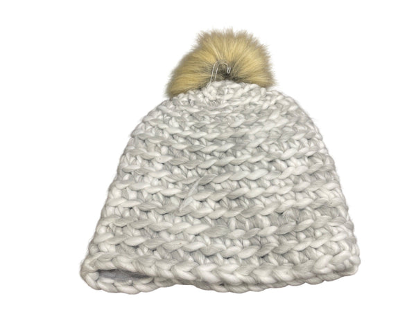 Hand-Knit Womens Winter Beanie With Faux Fur Pom Cream Heather Chunky Warm Soft