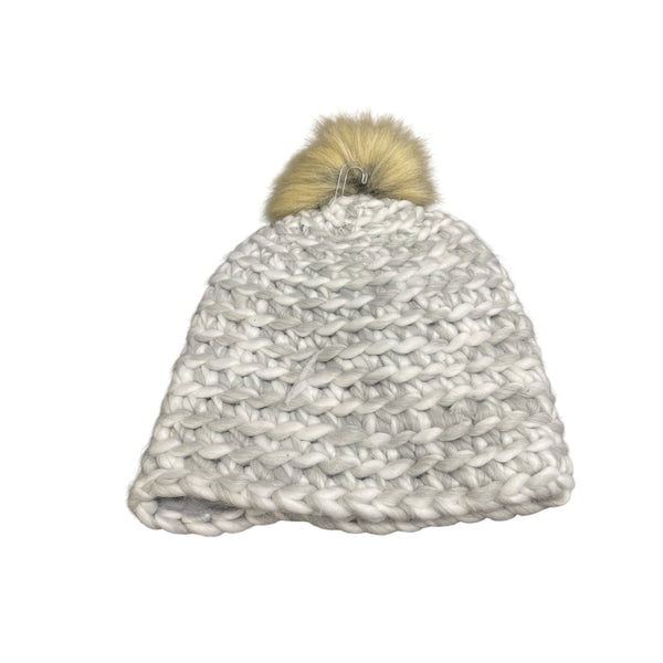 Hand-Knit Womens Winter Beanie With Faux Fur Pom Cream Heather Chunky Warm Soft