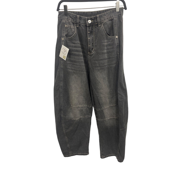 Vintage Washed Black Denim Wide-Leg Jeans With Decorative Stitching & Pockets