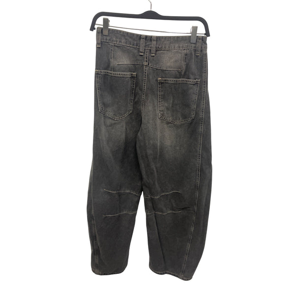 Vintage Washed Black Denim Wide-Leg Jeans With Decorative Stitching & Pockets