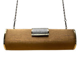 Gold Cylinder Clutch Purse With Rhinestone Clasp Closure & Chain Strap Sz S