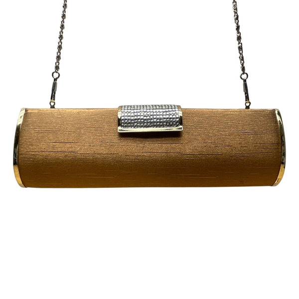 Gold Cylinder Clutch Purse With Rhinestone Clasp Closure & Chain Strap Sz S