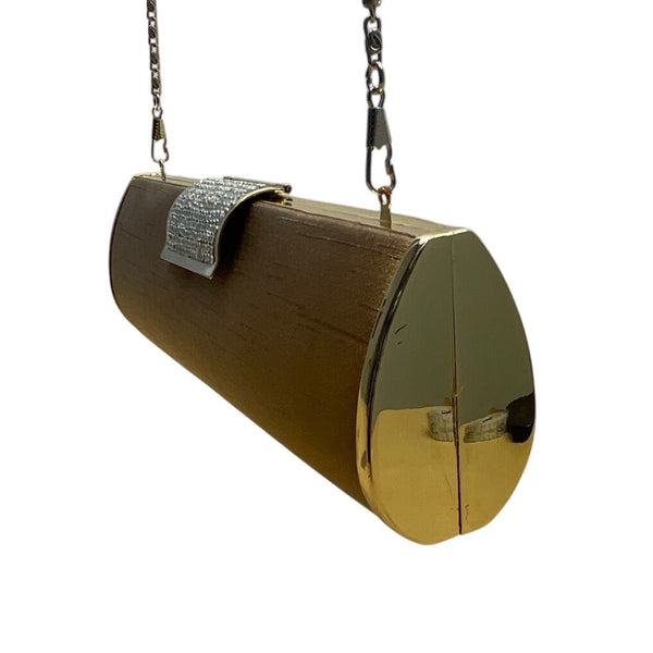 Gold Cylinder Clutch Purse With Rhinestone Clasp Closure & Chain Strap Sz S