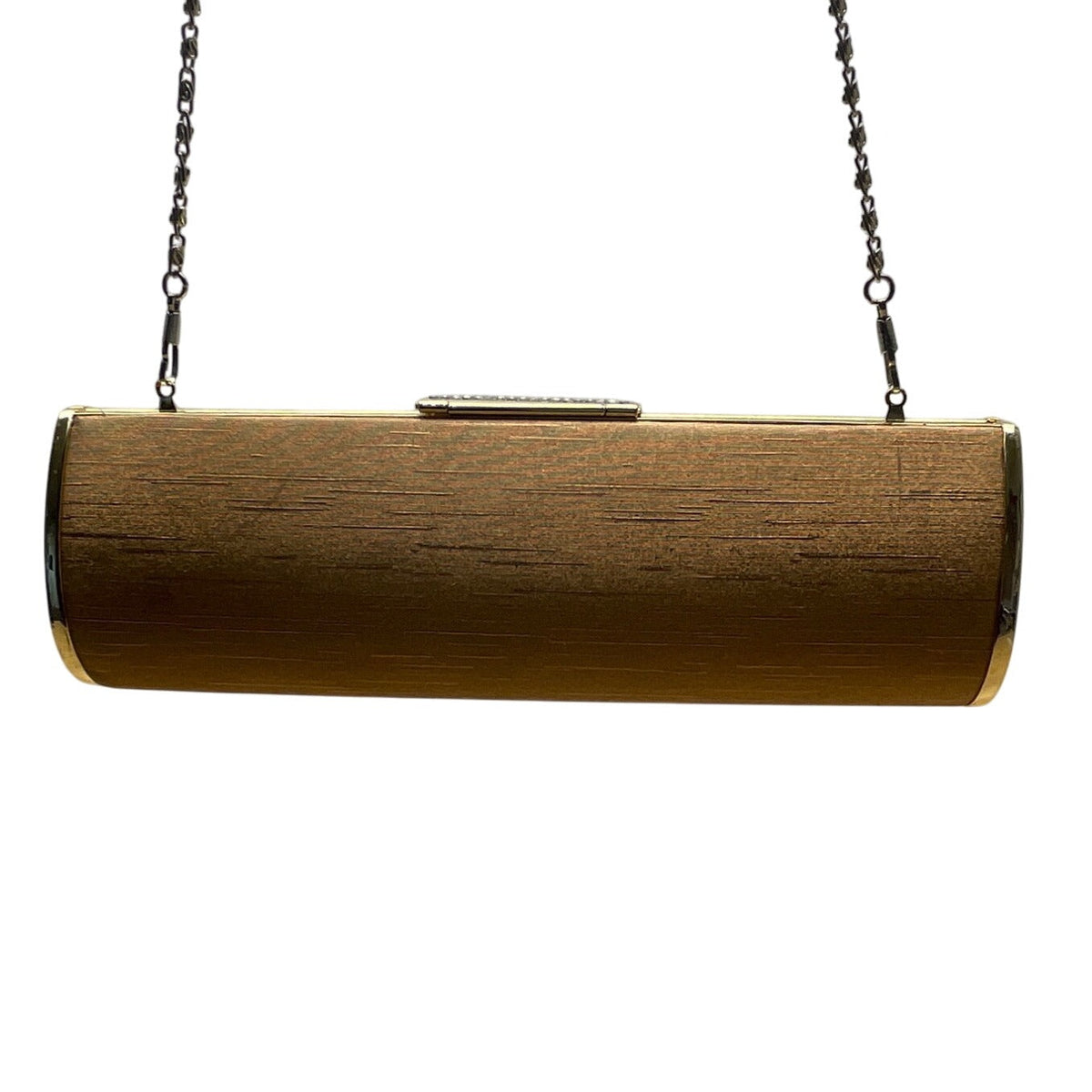 Gold Cylinder Clutch Purse With Rhinestone Clasp Closure & Chain Strap Sz S