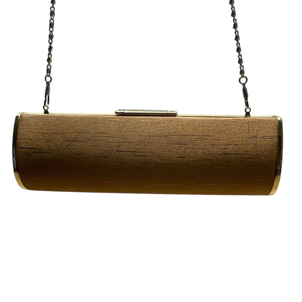 Gold Cylinder Clutch Purse With Rhinestone Clasp Closure & Chain Strap Sz S