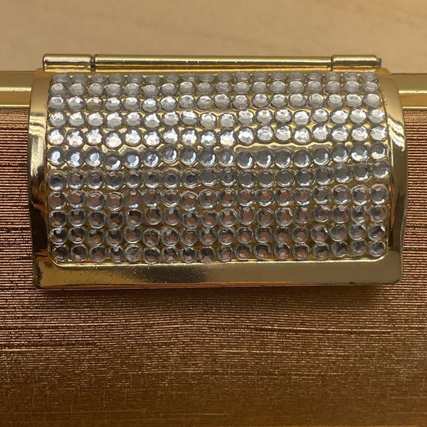 Gold Cylinder Clutch Purse With Rhinestone Clasp Closure & Chain Strap Sz S