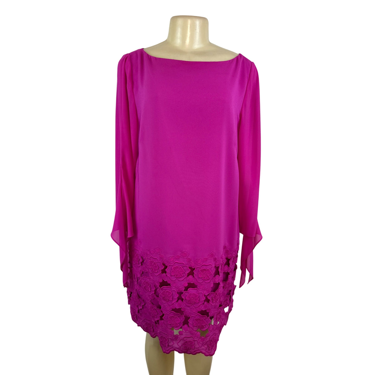 Tahari Women’s Pink Floral Lace Hem Shift Dress With Long Sleeves Sz 10