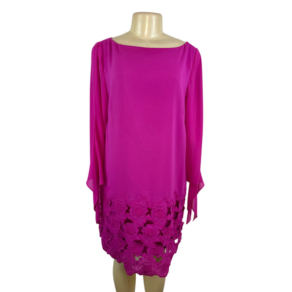 Tahari Women’s Pink Floral Lace Hem Shift Dress With Long Sleeves Sz 10