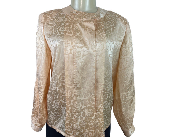Vtg Michael's Women’s Peach Floral Satin Blouse Button Accents Long Sleeves