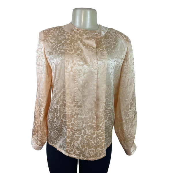 Vtg Michael's  Women’s Peach Floral Satin Blouse Button Accents Long Sleeves