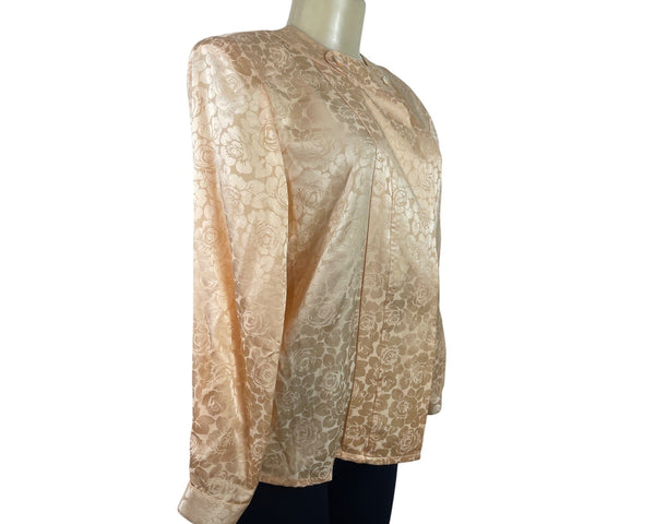 Vtg Michael's Women’s Peach Floral Satin Blouse Button Accents Long Sleeves