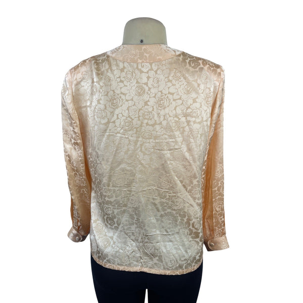 Vtg Michael's  Women’s Peach Floral Satin Blouse Button Accents Long Sleeves