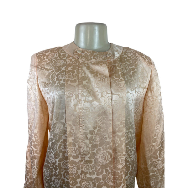 Vtg Michael's  Women’s Peach Floral Satin Blouse Button Accents Long Sleeves