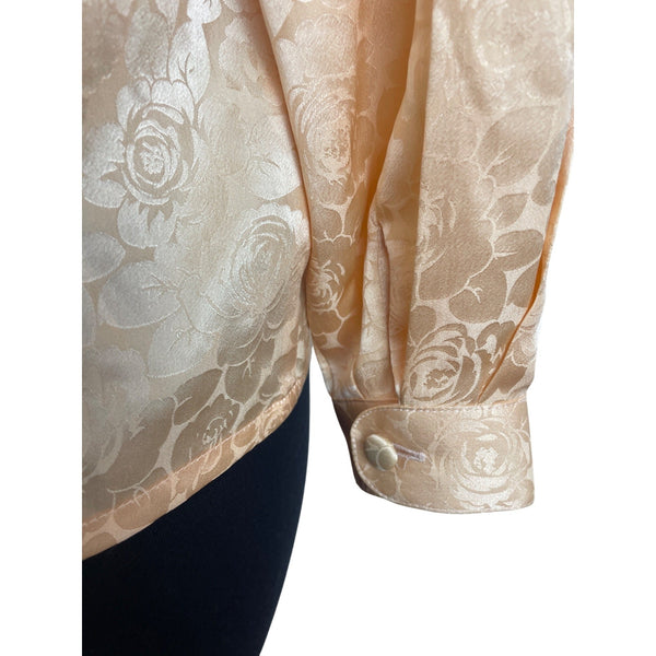Vtg Michael's  Women’s Peach Floral Satin Blouse Button Accents Long Sleeves