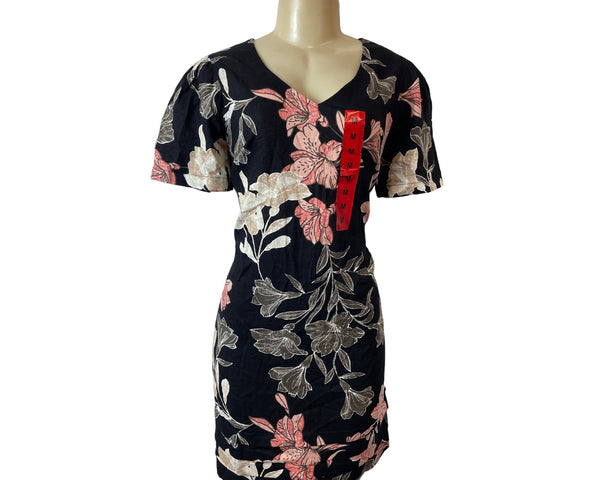 Original Nicole Miller Black Short Sleeve Shirt Dress with Floral Pattern Sz M