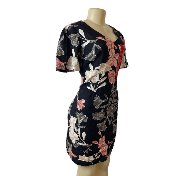 Original Nicole Miller Black Short Sleeve Shirt Dress with Floral Pattern Sz M