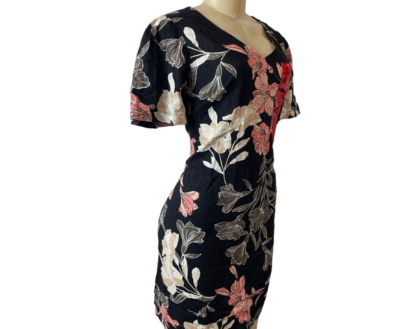 Original Nicole Miller Black Short Sleeve Shirt Dress with Floral Pattern Sz M
