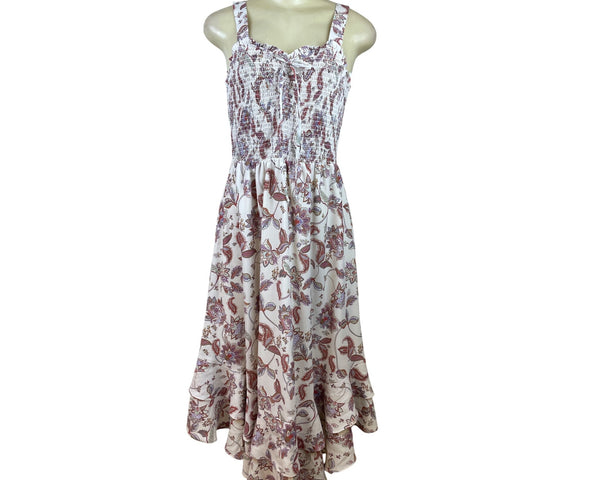 Grace Karin Womens White Floral Smocked Midi Dress With Ruffle Hem Size M