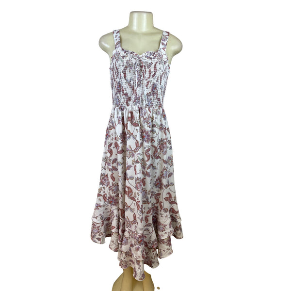 Grace Karin Womens White Floral Smocked Midi Dress With Ruffle Hem Size M