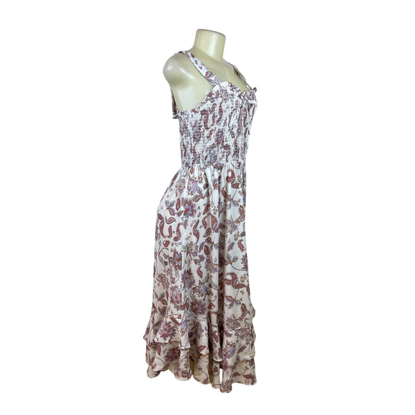 Grace Karin Womens White Floral Smocked Midi Dress With Ruffle Hem Size M