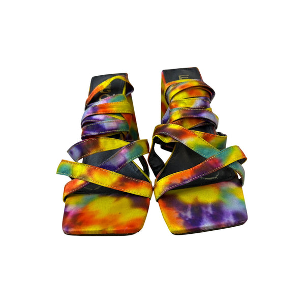 Multicolor Womens Tie-Dye Strappy Square-Toe Heels Size 8 Statement Block Wedge Sandals