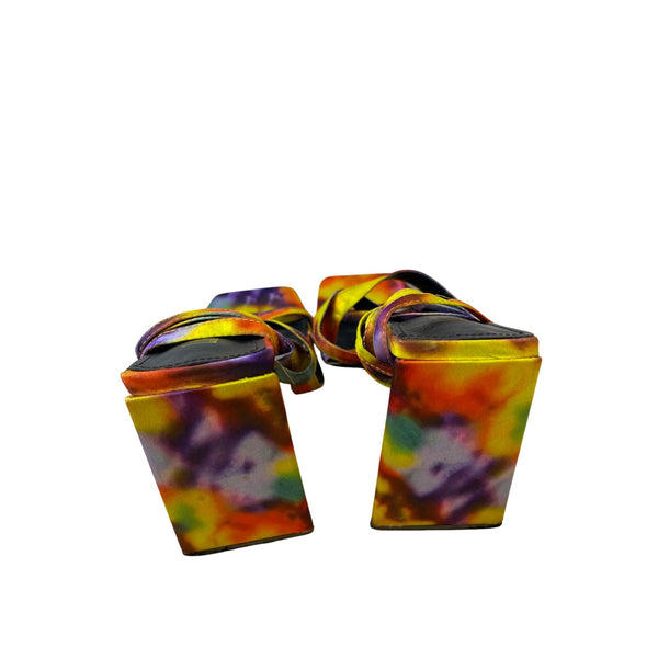 Multicolor Womens Tie-Dye Strappy Square-Toe Heels Size 8 Statement Block Wedge Sandals